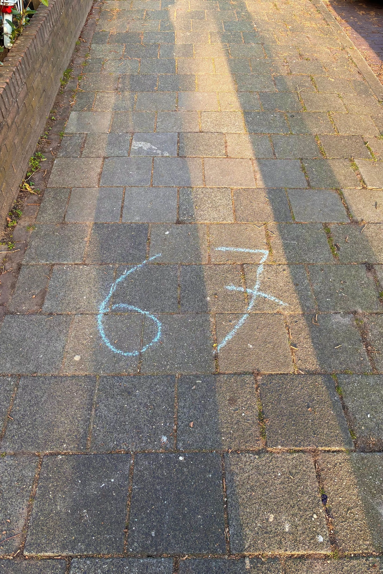 2026-03-08 - xt35 - color - NL - Number 67 in blue chalk on the sidewalk