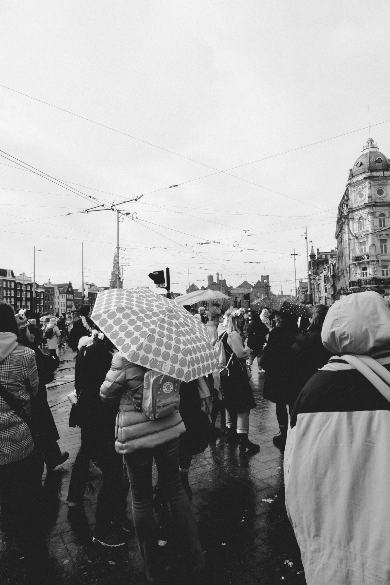 2024-04-26 - xt15-45 - bw - NL - Amsterdam - Person holding polka dot umbrella